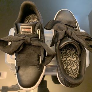 PUMA Black Silver Leather Basket Heart Sneakers